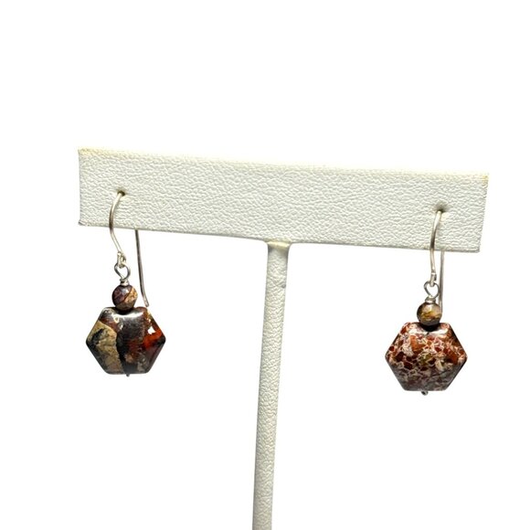 Hexagon Jasper Stone Dangle Earrings Handmade Brown Gemstone Jewelry - Picture 6 of 8